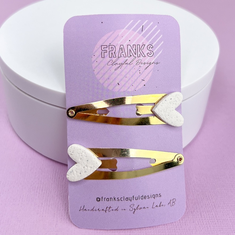 White Hearts Handmade Polymer Clay Hair Clips Set of Two